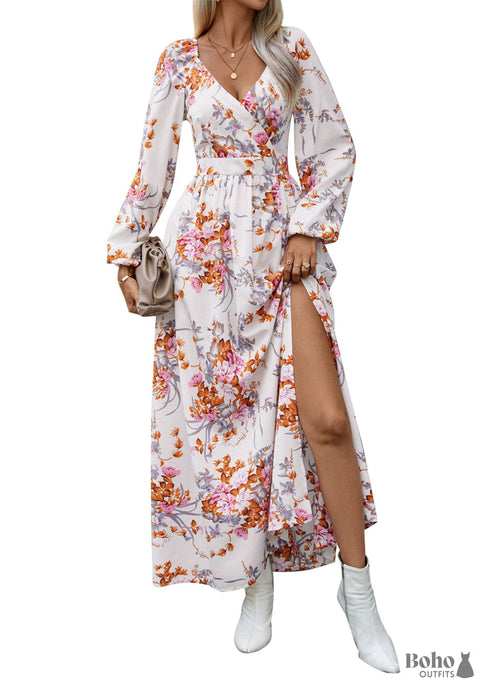 Boho Long Sleeve V-neck Printed Dress